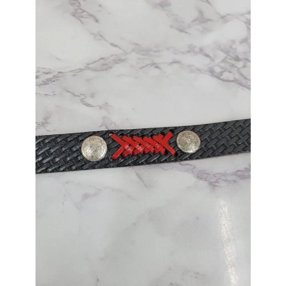 Gray Leather Basket Weave Embossed Belt with Red Lace Accent and Conchos